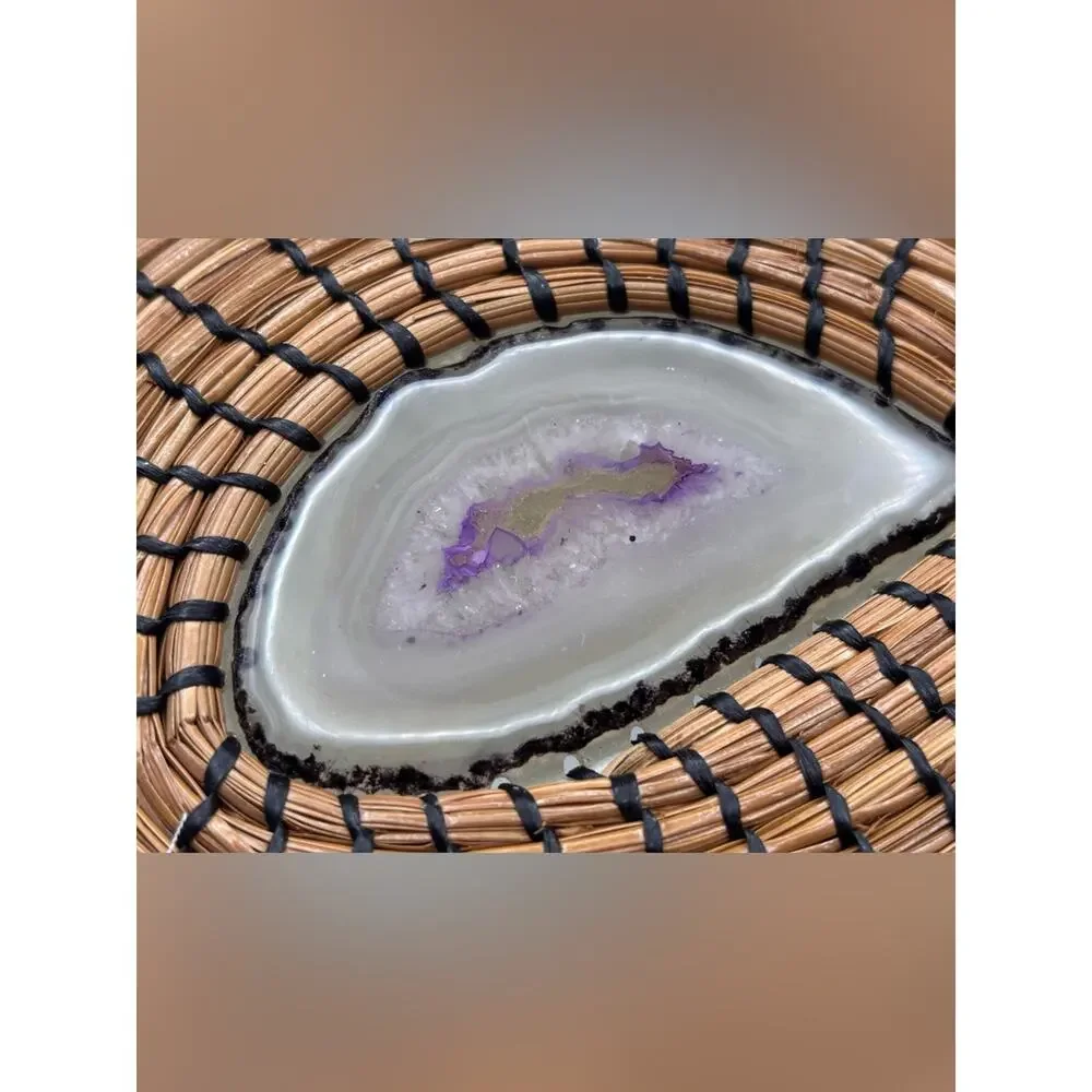 Handmade Pine Needle Basket Featuring a Polished Purple Agate Stone Center Base